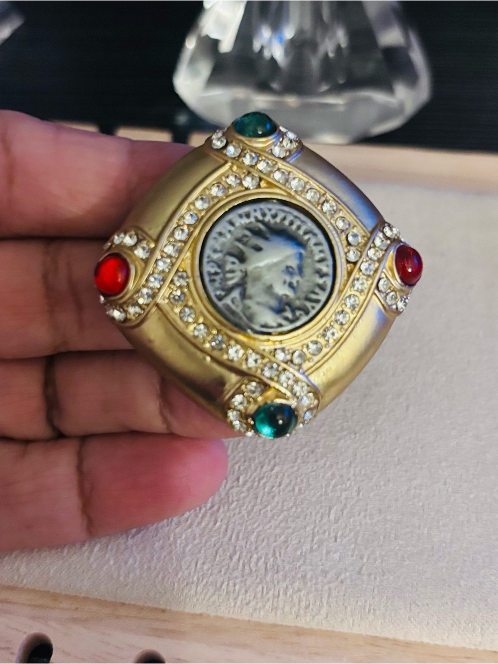 Gold-Tone Vintage Style Statement Ring with Red and Green Gem Accents
